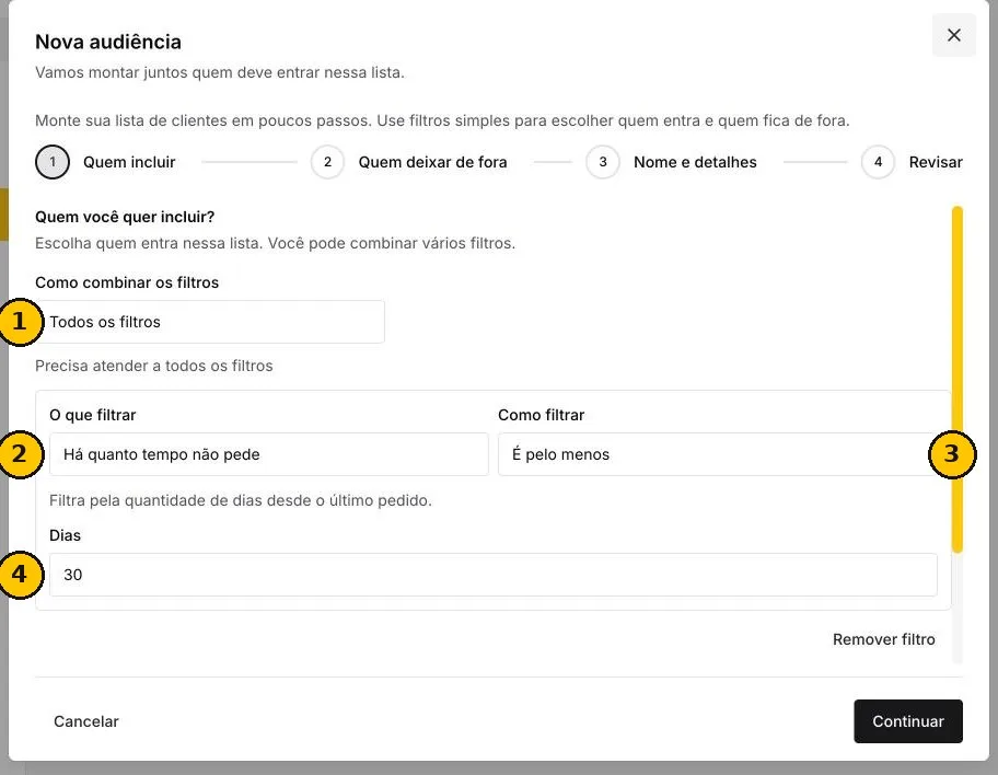 Passo Quem incluir com o filtro Há quanto tempo não pede é pelo menos 30 dias