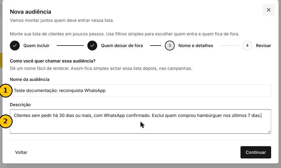 Campos Nome da audiência e Descrição preenchidos