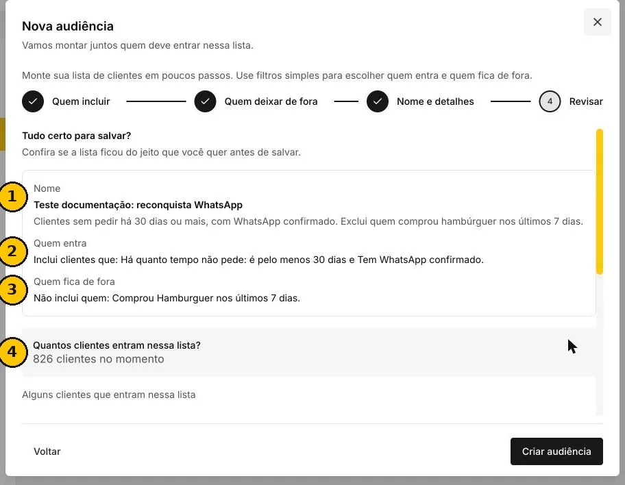 Resumo com nome, quem entra, quem fica de fora e contagem de 826 clientes