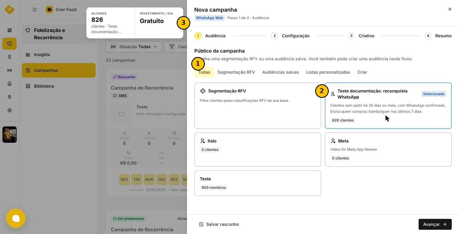 Passo Audiência de uma nova campanha com a audiência de teste selecionada e alcance de 826 clientes