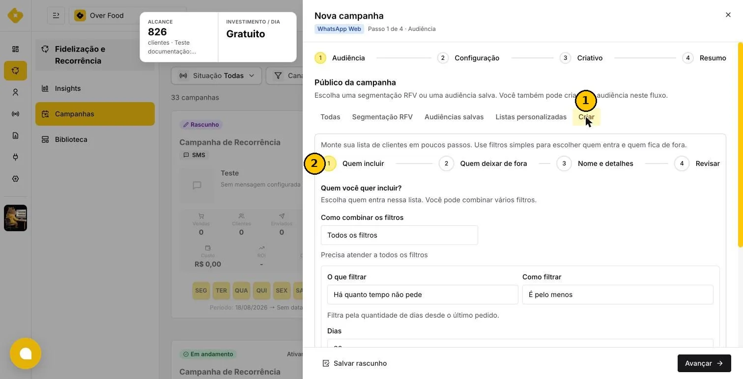 Aba Criar dentro do passo Audiência da campanha